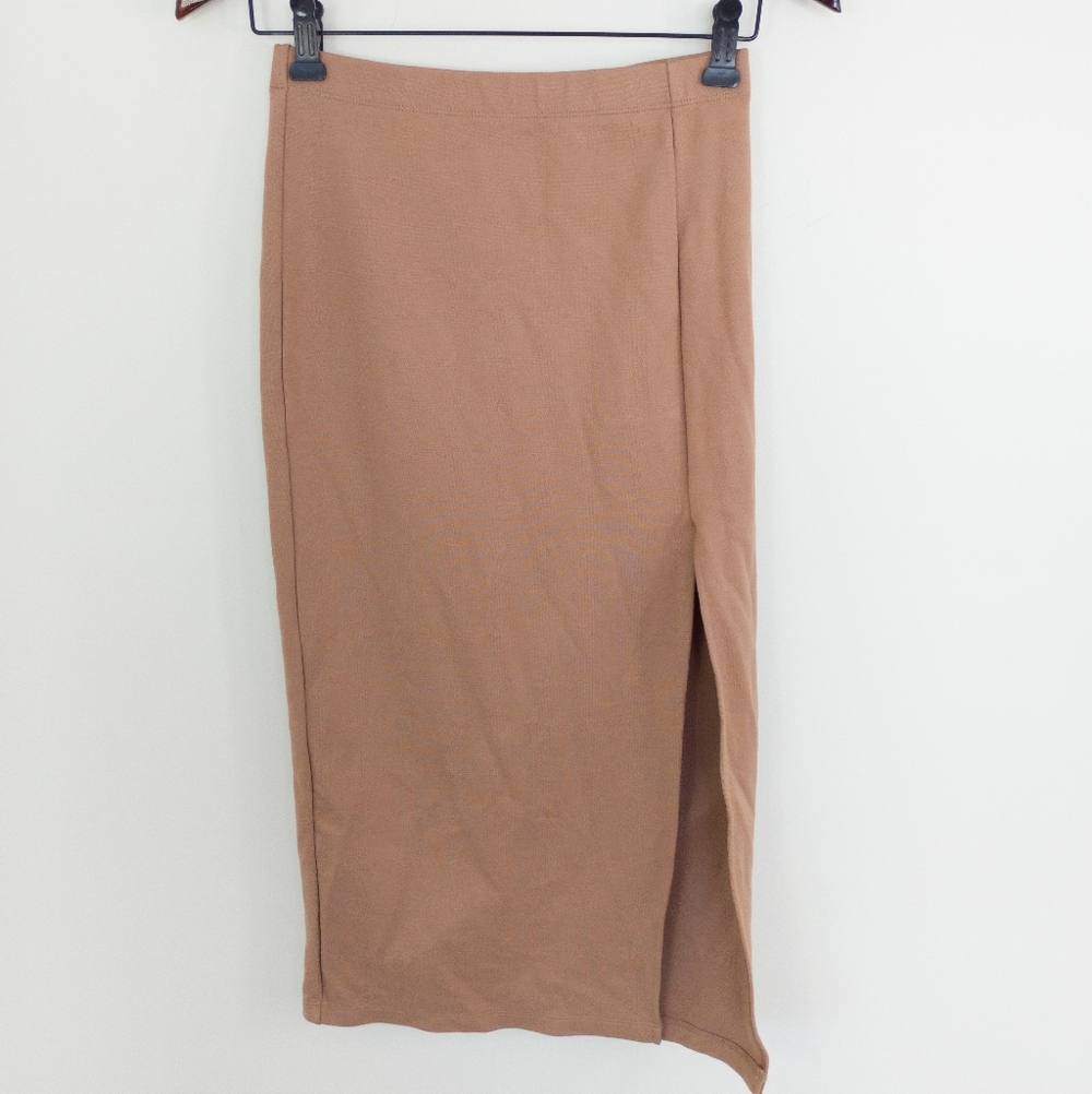 Babaton Aritzia Tan Pencil Slit Skirt Ponte Knit Midi High Rise Side Slit Size 2